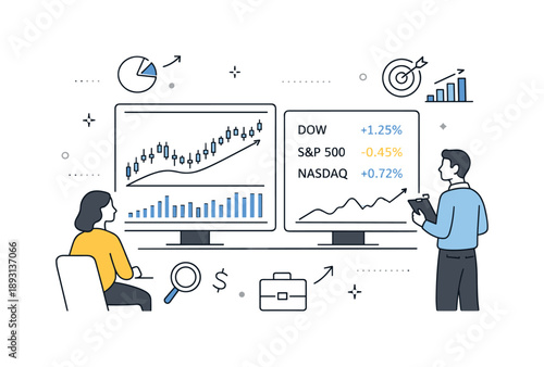 Market Trends Analysis. Stock market overview. Professionals monitoring fluctuating graphs and indexes on screens, subtle floating icons of charts and arrows.