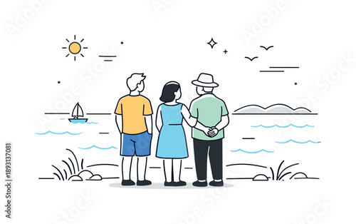 Seaside Serenity. Quiet seaside moment. People standing near the sea, looking toward the horizon together. Sense of openness, calm thoughts, and connection