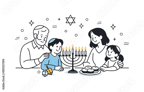 Hanukkah Family Gathering. Family Hanukkah moment. People gathered around a menorah, sharing a quiet celebratory moment. The illustration