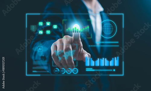 Obraz na plátne Business professional interacting with artificial intelligence powered analytics dashboard, displaying data visualization, charts, graphs, and global business metrics, representing AI technology