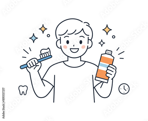 Sparkling Teeth Care. Brushing teeth hygiene. A character holding a toothbrush and toothpaste with sparkle icons around. Cleanliness, care, and everyday