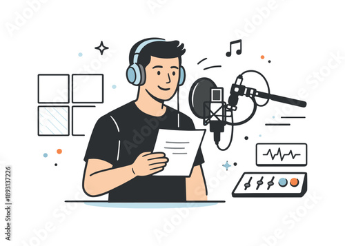 Professional Voiceover Studio. Voiceover recording for TV. A voice actor standing in a soundproof studio, speaking into a microphone with headphones on,