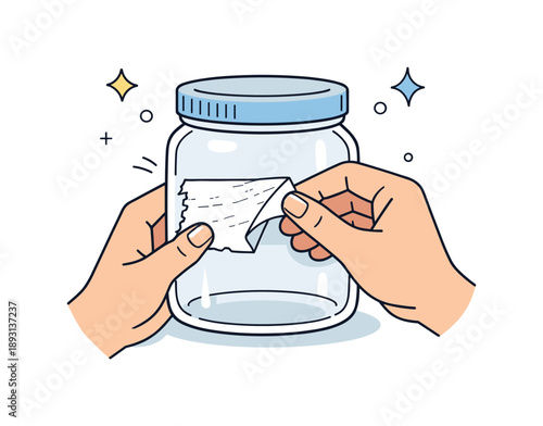 Peeling Off Renewal. Removing old label from glass container. Hands peeling a worn sticker off a transparent jar, revealing a clean surface underneath. A sense