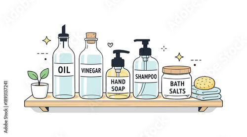 Minimalist Reusable Bottles. Glass bottle minimal set. A shelf with reusable glass bottles, each labeled for kitchen or bathroom use. Neatly arranged