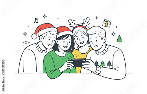 Christmas Selfie Joy. Group Christmas selfie memory. Friends reviewing the selfie together on the phone screen, relaxed smiles after the shot. Capturing