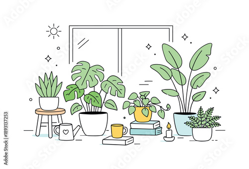Leafy Indoor Decor. Indoor plants home decor scene. Variety of leafy plants in pots arranged near a window, showing natural light and relaxed everyday living.