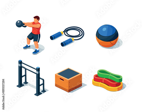 Colorful Cross Training Icons. Cross Training. Isometric flat vector icons set of Cross Training: athlete doing kettlebell swing, jump rope, medicine ball,
