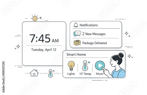 Smart Mirror Interface. Smart mirrors and interactive home tech interface. A clean close-up scene focusing on a smart mirror UI with cards for time,