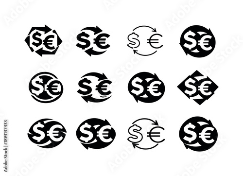 Currency Exchange Icons. Currency exchange. Icon set. Set Logo of Currency exchange: money symbol loop arrows. harmonious logo variations of the same
