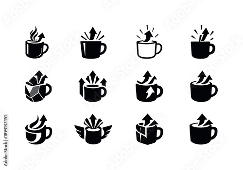 Remote Work Icons. Remote work productivity tips. Icon set. Set Logo of remote work productivity tips: coffee mug boost. harmonious logo variations of the same