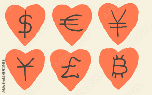 doodle hearts shapes with money signs set. Elements for decoration design mail posts postcards poster print invitation background backdrop wrapping wallpaper