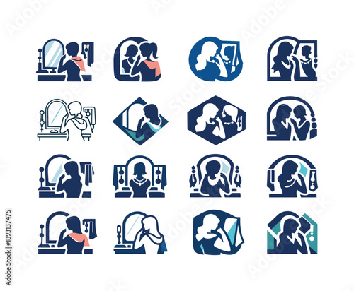 Fashionista Icon Logos. A fashionista putting together an outfit with accessories in front of a mirror. Icon set. Set Logo of a fashionista putting together an