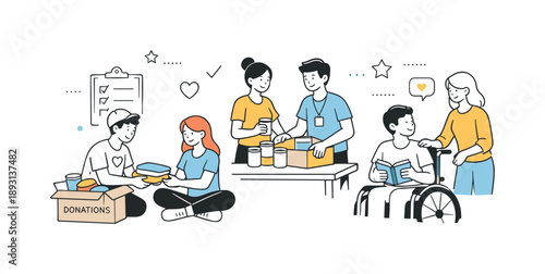 Student Volunteer Collaboration. Community service learning. Students collaborating on a volunteer project, organizing materials or assisting others. Calm