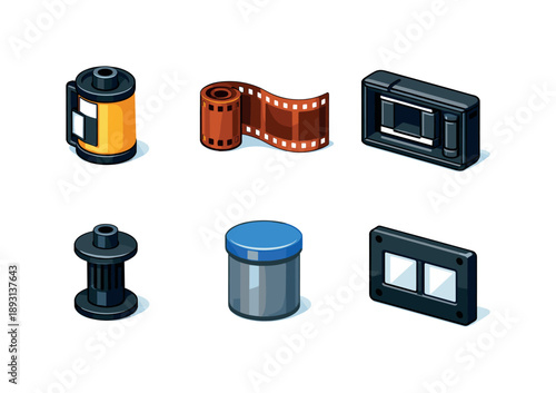 Colorful Film Icon Grid. Analog photography. Isometric flat vector icons set of analog photography: film roll cartridge, unrolled negative strip, camera film