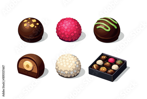 Gourmet Truffle Icons. Gourmet truffles. Isometric flat vector icons set of gourmet truffles: chocolate truffle with gold flakes, raspberry truffle, mint cream