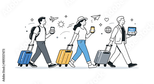 Post-Pandemic Travel Revival. Future of travel after pandemic. Travelers confidently moving forward with luggage and digital tickets, symbolizing recovery and