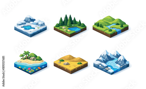 Earth's Climate Zones. Earth?s climate zones. Isometric flat vector icons set of Earth?s climate zones: polar tundra terrain, subarctic conifer forest,