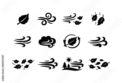 Autumn Wind Icons. Autumn wind. Solid icon set of Autumn wind: dry leaf, windy swirl, seasonal breeze, falling foliage, curved motion lines, windy weather,