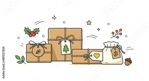 Eco-Friendly Holiday Gifts. Eco-conscious holiday gifts. Minimal gift boxes made from recycled materials with natural tags and twine, arranged in a clean