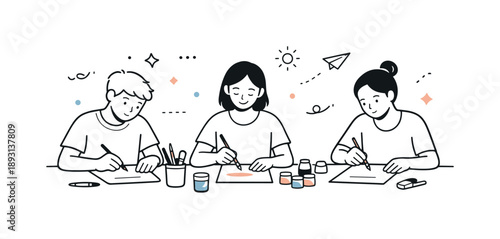 Creative Classroom Focus. Art education. Students working quietly at a table with paper, brushes, and pencils, focused on their own creative tasks. The mood