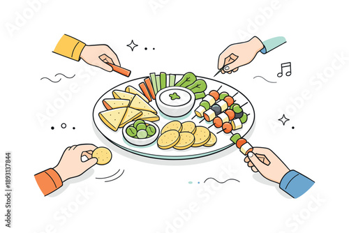 Social Appetizer Sharing. Appetizer plate ? shared table. Appetizer plate placed at the center, designed for sharing, conveying social dining and light