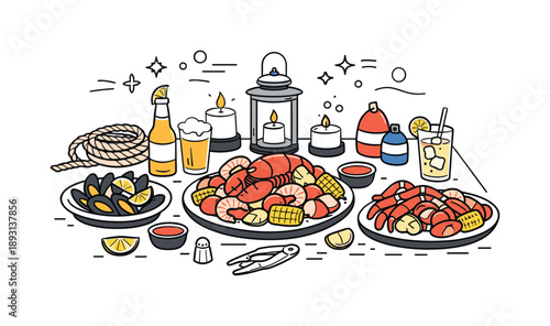 Cozy Seaside Feast. Seafood boil setup with decor. Table arranged with platters, drinks, candles, and simple nautical decorations like small buoys or ropes,