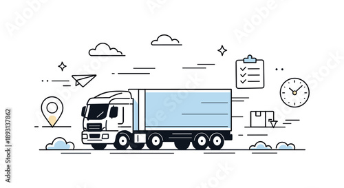 Efficient Cargo Transport. Freight transportation by truck. A cargo truck moves steadily along a road, symbolizing efficient logistics and reliable delivery.