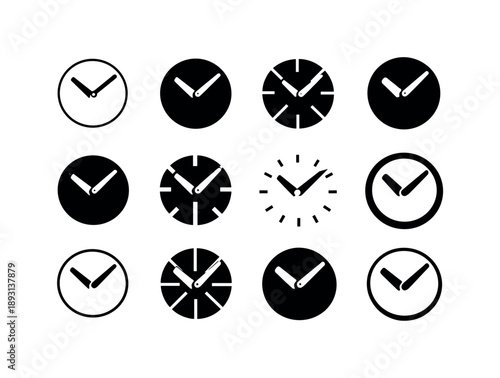 Wall Clock Icon Set. Wall clock face. Icon set. Set Logo of Wall clock face: classic round clock with hour and minute hands. harmonious logo variations of the