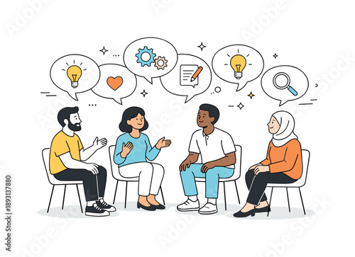 Collaborative Ideas Exchange. Team collaboration and brainstorming. A diverse group sitting in a circle, sharing thoughts represented by speech bubbles and