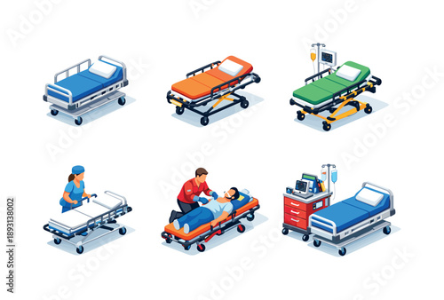 Colorful Emergency Room Icons. Emergency room. Isometric flat vector icons set of Emergency room: ER hospital bed, emergency patient bed with wheels, rapid