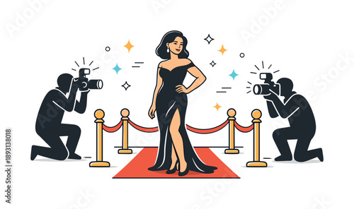 Red Carpet Elegance. A movie star on the red carpet, posing for photographers spotlight moment. A focused scene with a star pausing confidently as flash icons