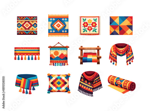 Colorful Ethnic Textiles Icons. Ethnic textiles. Colorful flat vector icons set of ethnic textiles: tribal fabric pattern, woven carpet, embroidered cloth,