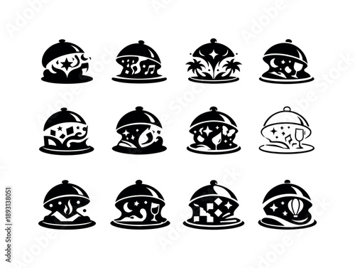 Immersive Dining Icons. Food as an experience and immersive dining. Icon set. Set Logo of food as an experience and immersive dining: cloche