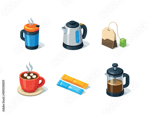 Colorful Hot Drink Icons. Hot drink. Isometric flat vector icons set of Hot drink: thermal mug with steam, kettle, tea bag, sugar packet, hot cocoa cup, coffee