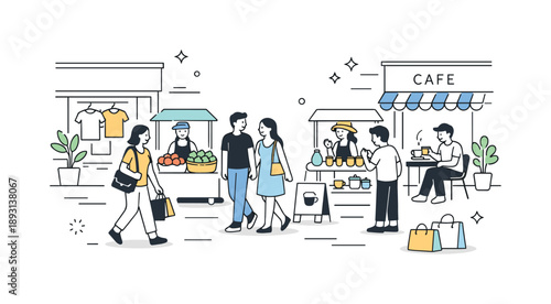 Modern Shopping Street. Pedestrian shopping area. A modern pedestrian street with clean storefronts and small street vendors displaying goods. The scene feels