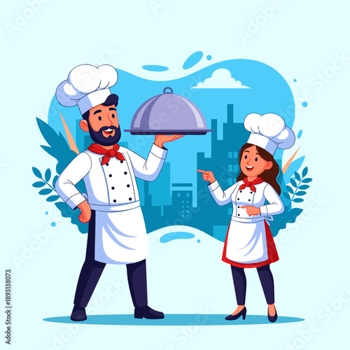 Cartoon chef and cook in kitchen holding tray of food