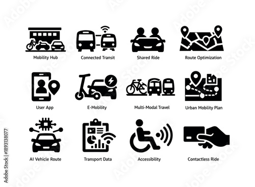 Smart Mobility Icons. Smart Mobility. Solid icon set of Smart Mobility: mobility hub, connected transit, shared ride icon, route optimization, user app icon,
