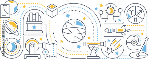 Astronomy and Space Science Icons Collection with Planets, Telescope and Stars – Vector Illustration