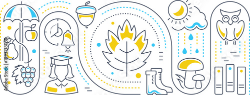 Autumn Season and Fall Nature Icons Collection with Leaves, Weather and Harvest – Vector Illustration