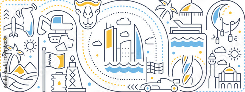 Bahrain Travel Landmarks and Cultural Symbols Set – Line Art Vector Illustration