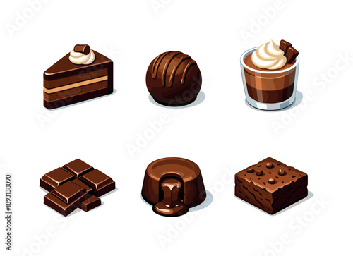 Chocolate Dessert Icons. Chocolate desserts. Isometric flat vector icons set of chocolate desserts: chocolate cake slice, truffle ball, chocolate mousse cup,