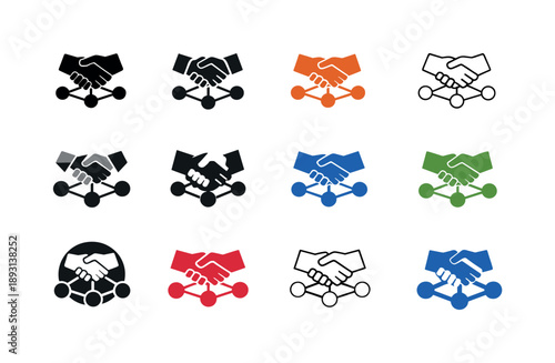 Remote Team Logos. Remote team collaboration. Icon set. Set Logo of Remote team collaboration: handshake over network. harmonious logo variations of the same