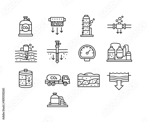 Carbon Capture Icons. Carbon capture. Line icon set of carbon capture: CO2 tank, capture filter, absorption tower, pipeline capture, carbon storage icon,