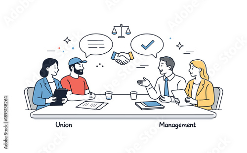 Negotiation Harmony. Collective bargaining process. Union representatives and employers sit across a table with documents, showing negotiation and dialogue.