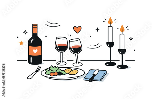 Candlelit Dinner Scene. Romantic candlelight moment. Preparing a small dinner setup with candles and wine, calm anticipation and gentle mood. Minimal editorial