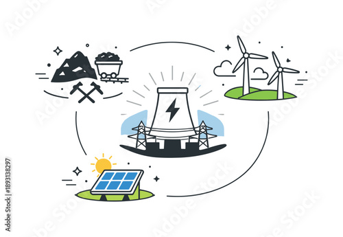 Harmonious Energy Future. Balancing energy needs and sustainability. Coal, wind, and solar symbols arranged in harmony around a central energy icon. Calm,