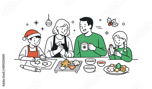 Festive Cookie Decorating. Holiday tradition baking. A group preparing Christmas treats, decorating cookies and enjoying time together. Festive calmness and