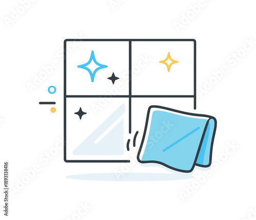 Window Cleaning Icon. Window cleaning flat icon. Simple window frame with sparkles and a cloth, expressing cleanliness and light. Minimal composition focused