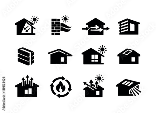 Passive Design Icons. Passive design elements. Solid icon set of Passive design elements: passive solar window, thermal mass wall, cross ventilation, shading