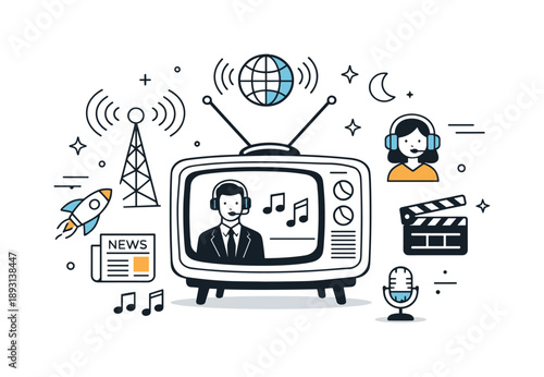 Vintage TV Nostalgia. Early television history. Vintage television with antennas and simple broadcast icons, nostalgic but clean atmosphere. Editorial scene